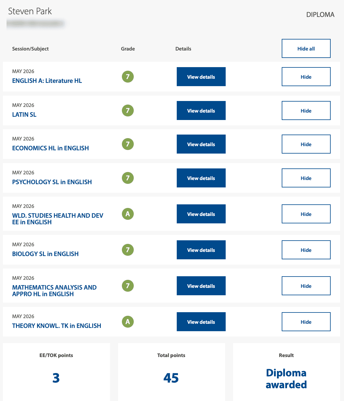 Official IB results receipt (private details hidden)