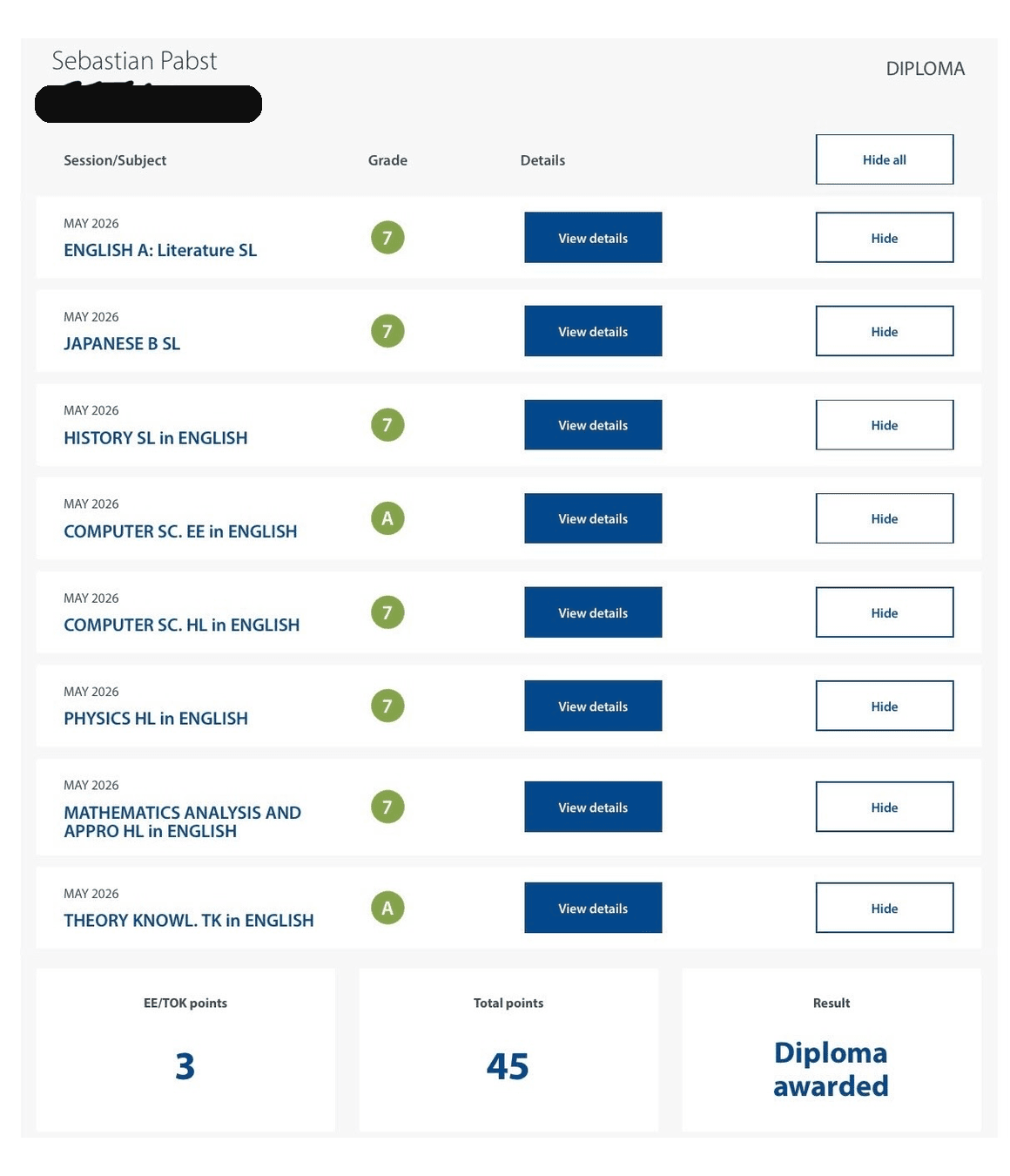 Official IB results receipt (private details hidden)